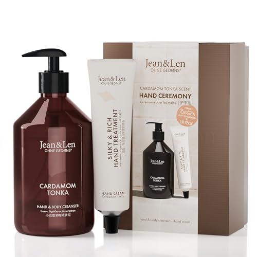 Jean & Len Hand Ceremony Cardamom & Tonka, con mano & Body Cleanser e trattamento a mano, confezione regalo di alta qualità, profumo delicato e speziato, confezione certificata FSC, set regalo vegano