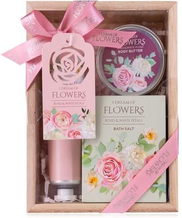 accentra – Set da bagno da donna I DREAM OF FLOWERS in bella confezione regalo – Set di 3 pezzi con crema per le mani, burro per il corpo e sali da bagno – Set regalo per San Valentino e festa della