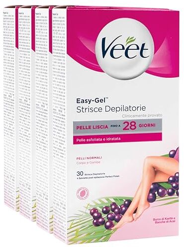 VEET Easy Gel Strisce Depilatorie Corpo e Gambe Per Pelli Normali Pelle Liscia Fino a 28 Giorni Azione Esfoliante Idratante con Salviette Post Epilazione 4 Confezioni da 30 Strisce e 4 Salviette