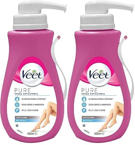 VEET 2x  Crema Depilatoria Silk & Fresh Technology per Pelli Sensibili con Aloe Vera e Vitamina E Flacone da 400ml