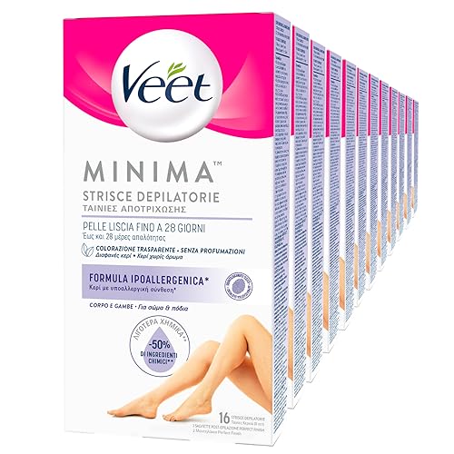 VEET Minima Strisce Depilatorie Corpo e Gambe Pelle Liscia Fino a 28 Giorni Formula Ipoallergenica Senza Profumazione con Salviette Post Epilazione 4 Confezioni da 16 Strisce e 3 Salviette Ognuna