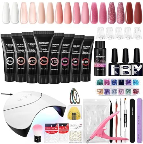 phoenixy Kit Ricostruzione Unghie Gel con Lampada UV LED 36W,  8 Colori Poly Nail Gel Unghie Kit con Top Base Coat, Kit Unghie Nudo Rosso