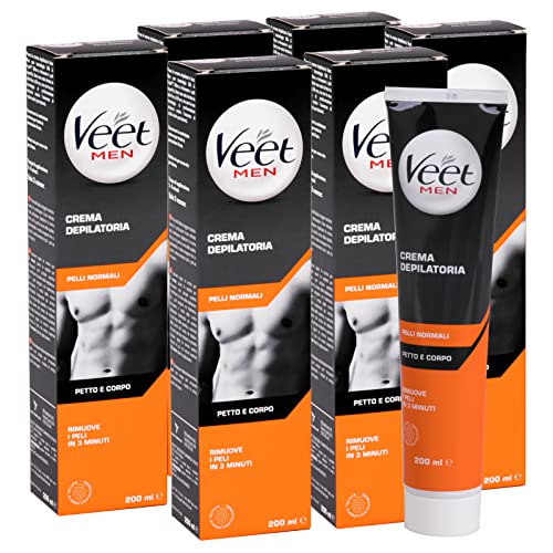 VEET 6x  For Men Crema Depilatoria per Uomo Silk & Fresh per Pelli Normali Idratante e Profumata Con Spatola di Applicazione e Rimozione Crema Flaconi da 200ml