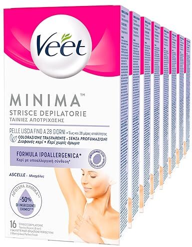 VEET Minima Strisce Depilatorie Ascelle Pelle Liscia Fino a 28 Giorni Formula Ipoallergenica Senza Profumazione con Salviette Post Epilazione 8 Confezioni da 16 Strisce e 3 Salviette Ognuna