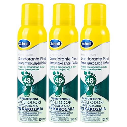 Scholl ExpertCare Deodorante Piedi Antiodore Spray Anti-Traspirante 48h per Pelle Asciutta con Profumo Fresco e Leggero Contro i Cattivi Odori con Erogatore 360° 3 Flaconi da 150ml