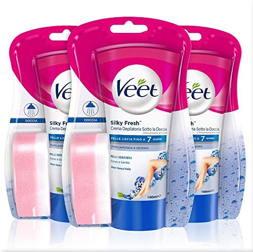 VEET Silk & Fresh Technology Crema Depilatoria Sotto la Doccia per Pelli Sensibili, 3 Confezioni da 150 ml