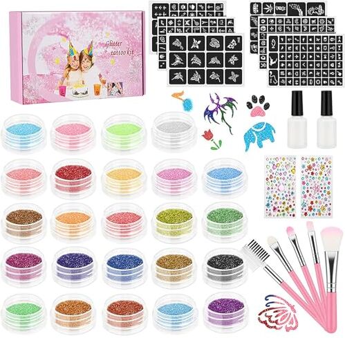 Pure kit di tatuaggi glitter glitterati, tatuaggi temporanei per bambini Ragazze, 32PCS Glitter Corpo Con 5 Pennelli 3 Colla e Stencils per Corpo Viso Unghie, Concerti Feste Matrimoni Trucco