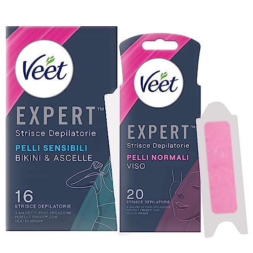 VEET Expert Strisce Depilatorie Viso Pelli Normali Burro di Karité con Salviette Post-Epilazione 20pz + Strisce Depilatorie Bikini & Ascelle Pelli Sensibili Olio di Mandorla Linguetta EasyGrip 16pz