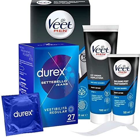 Durex 27 Preservativi  Settebello Jeans Trasparenti e Lubrificati Forma Easy-On in Lattice + Kit Depilazione Uomo Aree Sensibili Parti Intime Crema Depilatoria 100ml e Balsamo Post Trattamento 50ml