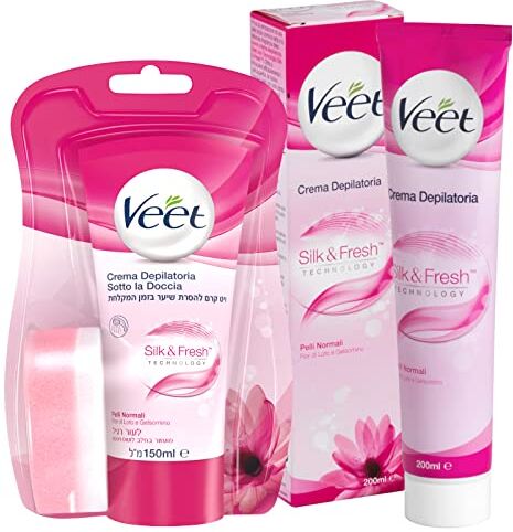 VEET Crema Depilatoria Silk & Fresh 200ml Con Spatola di Applicazione/Rimozione + Crema Depilatoria Sotto la Doccia con Spugna di Applicazione/Rimozione Kit per Pelli Normali 150ml 2 Flaconi