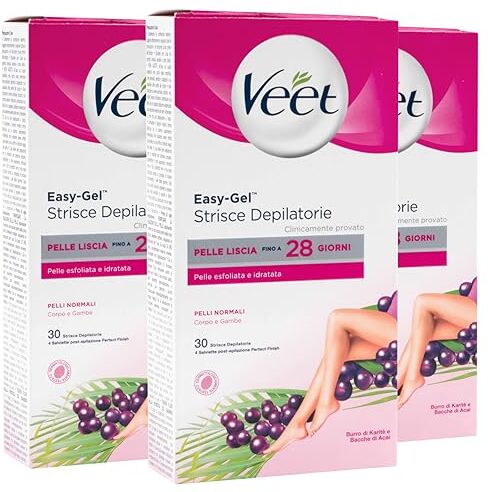 VEET Easy Gel Strisce Depilatorie Corpo e Gambe Per Pelli Normali Pelle Liscia Fino a 28 Giorni Azione Esfoliante Idratante con Salviette Post Epilazione 3 Confezioni da 30 Strisce e 4 Salviette