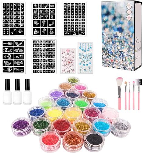 Pure kit di tatuaggi glitter glitterati, tatuaggi temporanei per bambini Ragazze, 24PCS Glitter Corpo Con 5 Pennelli 3 Colla e Stencils per Corpo Viso Unghie, Concerti Feste Matrimoni Trucco