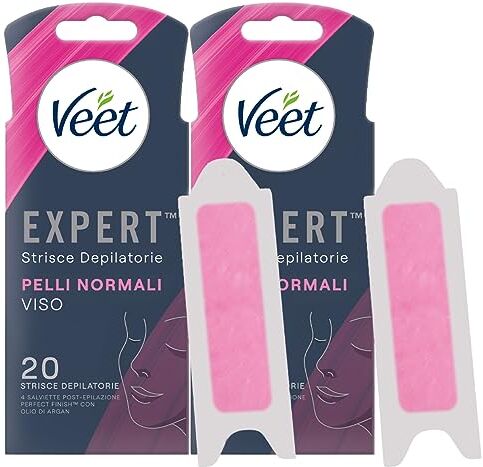 VEET Expert Strisce Depilatorie Viso per Pelli Normali Formula con Burro di Karité con Linguetta EasyGrip e Salviette Post-Epilazione Perfect Finish con Olio d'Argan 2 Confezioni da 20 Strisce