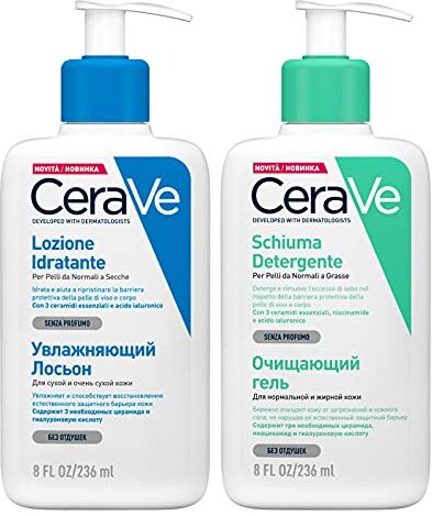 CeraVe Schiuma Detergente Viso e Corpo per Pelli Normali e Grasse con Niacinamide 236ml + Lozione Idratante Viso e Corpo con Acido Ialuronico Ripristina la Barriera della Pelle 236ml