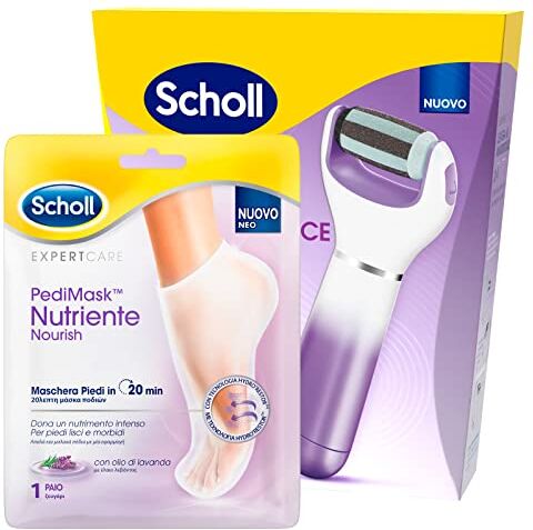 Scholl Expertcare Pedimask Maschera Piedi Nutriente e Idratante con Olio di Lavanda Confezione da 1 Paio di Calzini + Roll Leviga Piedi Elettronico 2in1 Rimuove Calli Duroni e Ammorbidisce la Pelle