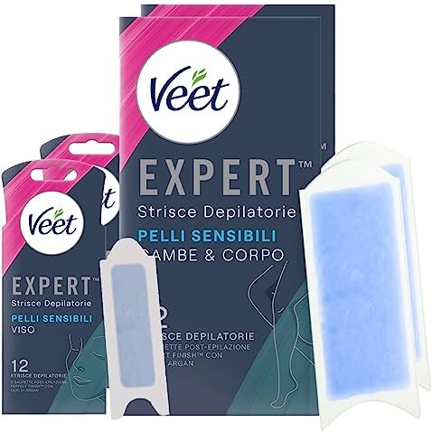 VEET Expert Strisce Depilatorie Gambe Corpo Viso per Pelli Sensibili Formula con Olio di Mandorla con Linguetta EasyGrip e Salviette Post-Epilazione con Olio d'Argan 4 Confezioni da 12 Strisce