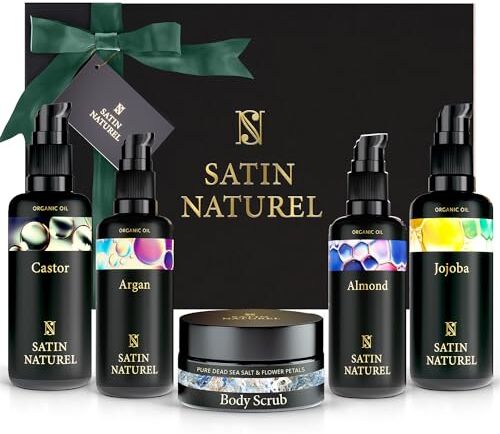 SatinNaturel Festa della Mamma Idee Regalo Scrub per Il corpo + Olio di Argan + Olio di Ricino + Olio di Mandorle + Olio di Jojoba 700ml, Regalo Donna Compleanno Regalo Mamma Satin Naturel