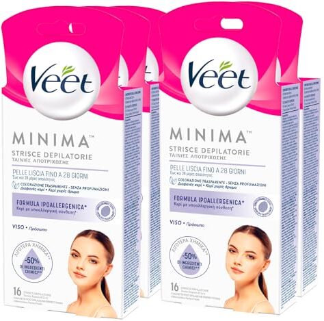 VEET Minima Strisce Depilatorie Viso Pelle Liscia Fino a 28 Giorni con Salviette Post Epilazione per Pelli Sensibili Formula Ipoallergenica 5 Confezioni da 16 Strisce e 3 Salviette Ognuna