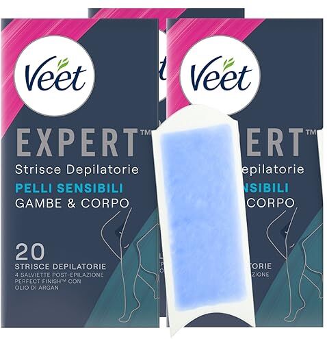 VEET Expert Strisce Depilatorie Gambe e Corpo Pelli Sensibili con Linguetta EasyGrip e Salviette Post-Epilazione Perfect Finish con Olio d'Argan 3 Confezioni da 20 Strisce