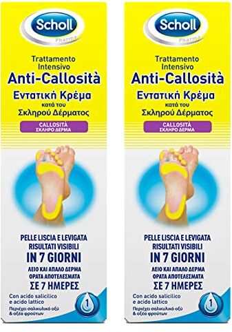 Scholl Trattamento Intensivo Anti-Callosità Crema Calli Piedi Tubetto per Rimozione con Acido Salicilico ed Acido Lattico per una Pelle Liscia e Levigata 2 Flaconi da 75ml