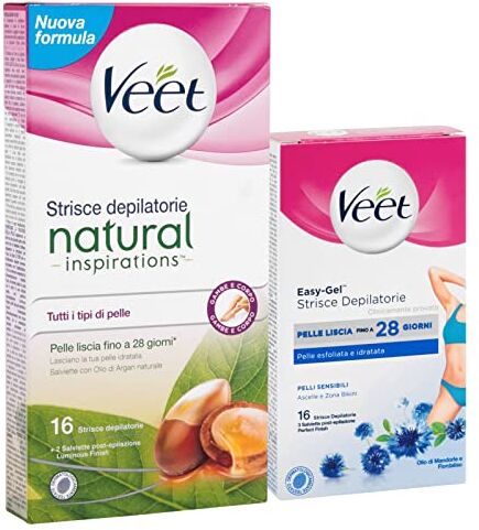 VEET Strisce Depilatorie Corpo Natural Inspirations per Tutti i Tipi di pelle + Strisce depilatorie Ascelle e Bikini Easy Gelwax per Pelli Sensibili 2 Confezioni da 16 Strisce ognuna