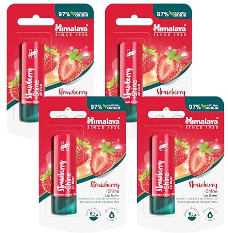 Himalaya Strawberry Shine Lip Balm with Strawberry Seed Oil, Repairs Dry and Chapped Lips, with a Hint of a Color, Boosts Hydration, Contains Nourishment of Vitamins and Minerals- 4.5g (Pack of 4)