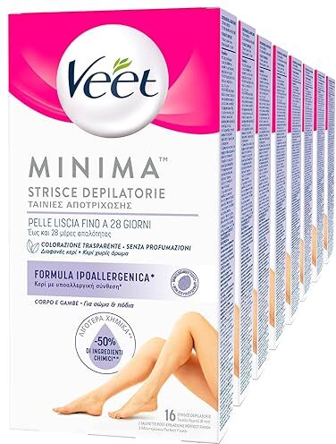 VEET Minima Strisce Depilatorie Corpo e Gambe Pelle Liscia Fino a 28 Giorni Formula Ipoallergenica Senza Profumazione con Salviette Post Epilazione 4 Confezioni da 16 Strisce e 3 Salviette Ognuna