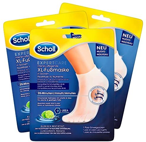 Scholl ExpertCare Pedimask Maschera Piedi XL Nutriente e Idratante con Lime e Urea Clinicamente Provato 3 Confezioni da 1 Paio di Calzini