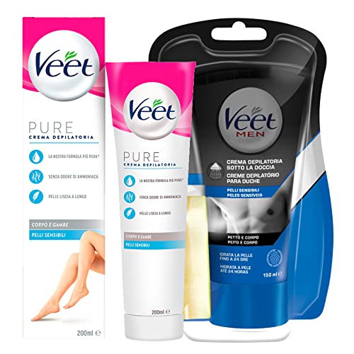 VEET Pure Crema Depilatoria Idratante Pelli Sensibili 200ml con Spatola per Applicazione +  for Men Silk & Fresh Crema Depilatoria Sotto la Doccia 150ml con Spugna per Applicazione 2 Flaconi