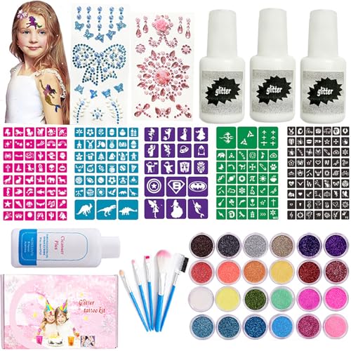 Pure kit di tatuaggi glitter glitterati, tatuaggi temporanei per bambini Ragazze, 34PCS Glitter Corpo Con 5 Pennelli 3 Colla e Stencils per Corpo Viso Unghie, Concerti Feste Matrimoni Trucco