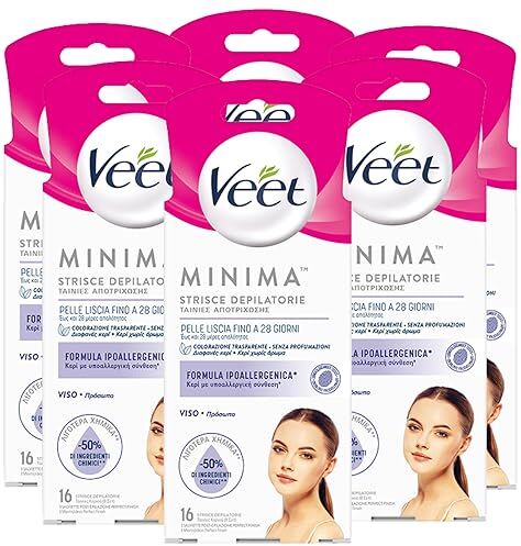 VEET Minima Strisce Depilatorie Viso Pelle Liscia Fino a 28 Giorni Formula Ipoallergenica con Salviette Post Epilazione per Pelli Sensibili 6 Confezioni da 16 Strisce e 3 Salviette Ognuna