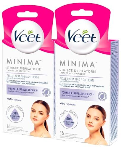 VEET Minima Strisce Depilatorie Viso Pelle Liscia Fino a 28 Giorni con Salviette Post Epilazione per Pelli Sensibili Formula Ipoallergenica 2 Confezioni da 16 Strisce e 3 Salviette Ognuna