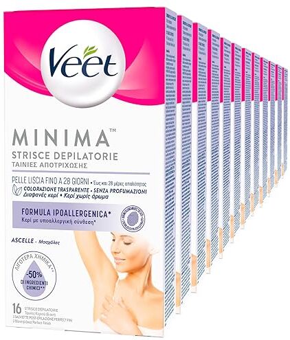 VEET Minima Strisce Depilatorie Ascelle Pelle Liscia Fino a 28 Giorni Formula Ipoallergenica Senza Profumazione con Salviette Post Epilazione 12 Confezioni da 16 Strisce e 3 Salviette Ognuna