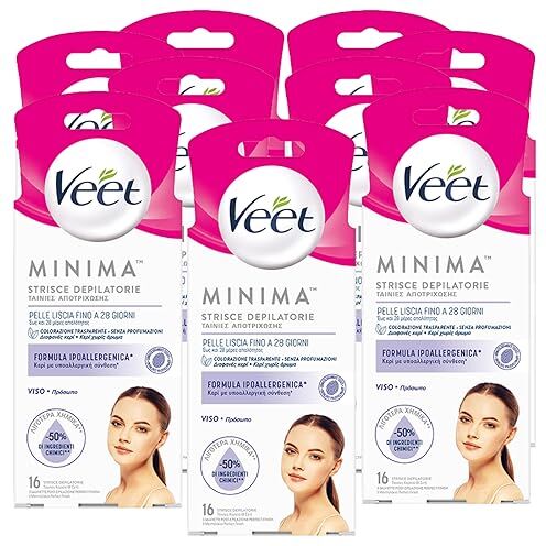 VEET Minima Strisce Depilatorie Viso Pelle Liscia Fino a 28 Giorni Formula Ipoallergenica con Salviette Post Epilazione per Pelli Sensibili 9 Confezioni da 16 Strisce e 3 Salviette Ognuna