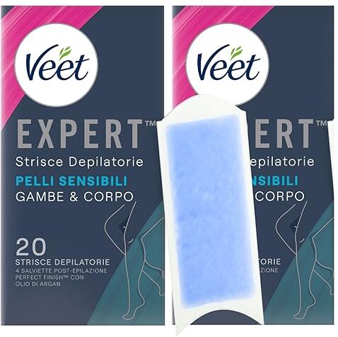 VEET Expert Strisce Depilatorie Gambe e Corpo Pelli Sensibili con Linguetta EasyGrip e Salviette Post-Epilazione Perfect Finish con Olio d'Argan 2 Confezioni da 20 Strisce