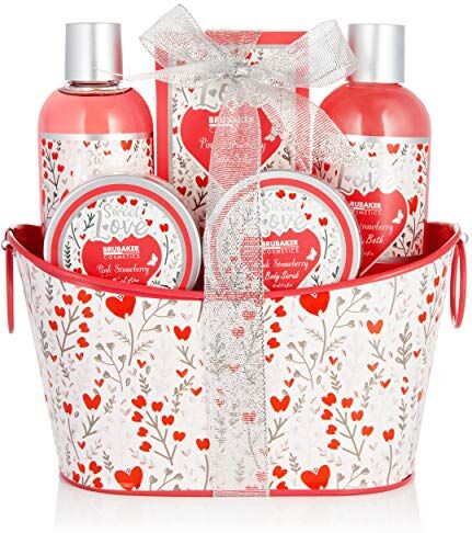 Brubaker Cosmetics 6-pz. Bagno e Doccia Set Fragola Sweet Love in Deco Cestino di Metallo Set Regalo di Cura con Design di Fiori Rosa