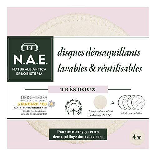 N.A.E. Dischi struccanti lavabili per il viso Cotoni riutilizzabili Per una pulizia delicata del viso Oeko-tex 100% cotone biologico naturale Confezione riciclabile 4 dischi