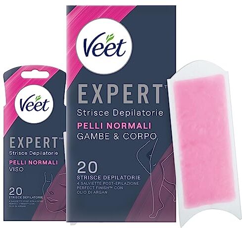 VEET Expert Strisce Depilatorie Gambe Corpo Viso per Pelli Normali Formula con Burro di Karité con Linguetta EasyGrip e Salviette Post-Epilazione con Olio d'Argan 2 Confezioni da 20 Strisce