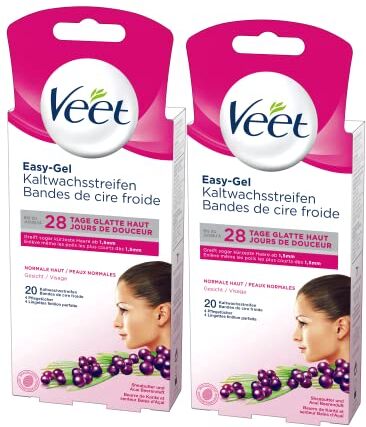 VEET Easy Gel Strisce di cera fredda – Adatto per pelli normali – Applicazione per viso – Pelle liscia fino a 28 giorni – Ingredienti minimi – 20 doppie strisce per 40 applicazioni