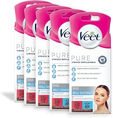 VEET Strisce Depilatorie Viso Pelli sensibili, Ipoallergeniche, 5 Confezioni da 16 Strisce, Maxi formato