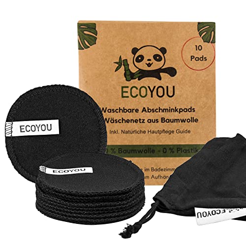 EcoYou Dischetti di Cotone Biologico Struccanti Lavabili Dischetti Neri in Cotone Riutilizzabili, 10 Dischetti, Sacchetto per Conservarli, Pads Rimuovi Trucco