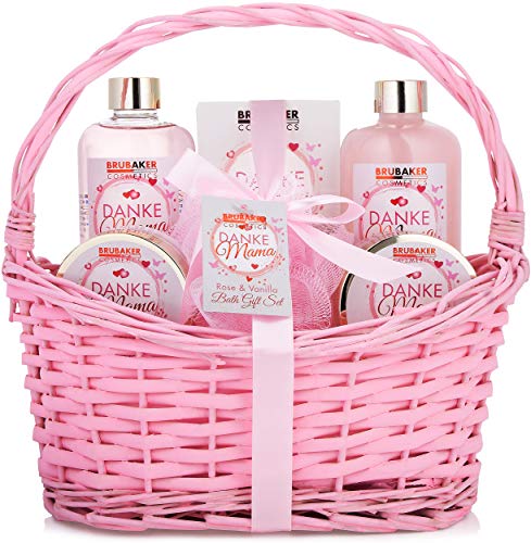 Brubaker Cosmetics Grazie Mamma Set da Bagno e Doccia Profumo Vaniglia Rosa Confezione Regalo 7 Pezzi in Cestino Rosa