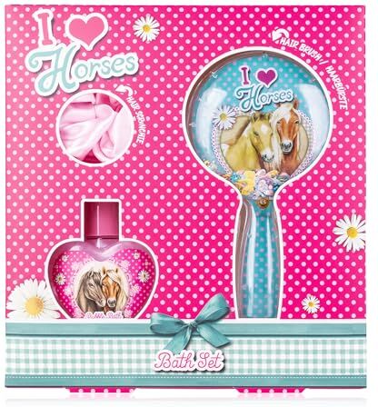 accentra Set regalo I Love HORSES per ragazzi e ragazze, in confezione regalo, con bagno di schiuma con il delizioso profumo di fragola, spazzola per capelli con motivo a cavallo e un elastico per