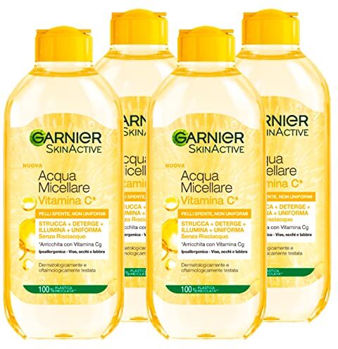 Garnier 4x  SkinActive Acqua Micellare Ipoallergenica Struccante e Detergente Senza Risciacquo con Vitamina C 4 Flaconi da 400ml oguno