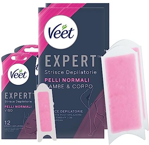 VEET Expert Strisce Depilatorie Gambe Corpo Viso per Pelli Normali Formula con Burro di Karité con Linguetta EasyGrip e Salviette Post-Epilazione con Olio d'Argan 4 Confezioni da 12 Strisce