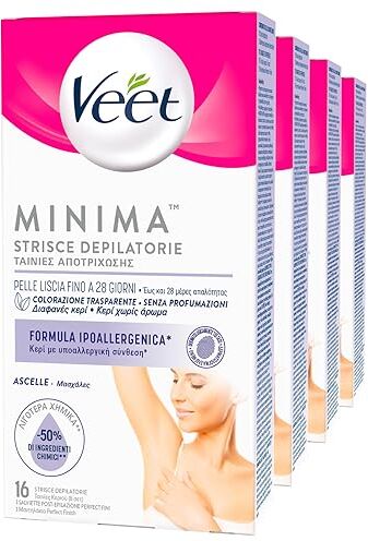 VEET Minima Strisce Depilatorie Ascelle Pelle Liscia Fino a 28 Giorni Formula Ipoallergenica Senza Profumazione con Salviette Post Epilazione 4 Confezioni da 16 Strisce e 3 Salviette Ognuna