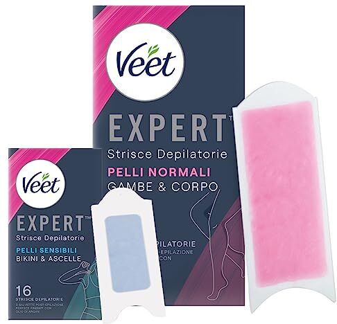 VEET Expert Strisce Depilatorie Gambe & Corpo per Pelli Normali Burro di Karité con Salviette Post-Epilazione 20pz + Strisce Depilatorie Bikini & Ascelle per Pelli Sensibili Linguetta EasyGrip 16pz