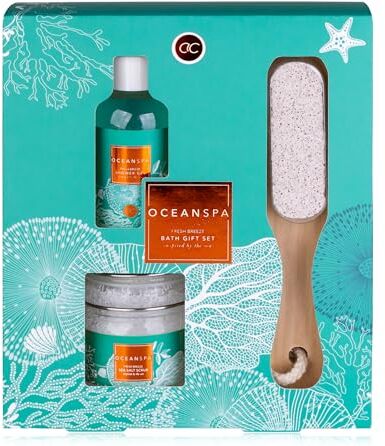 accentra OCEAN SPA Set doccia in confezione regalo, con gel doccia, peeling sale marino in vetro, pietra pomice con manico in legno, profumo: Fresh Breeze – Set regalo per compleanno, San Valentino