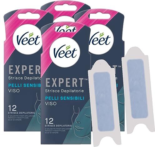 VEET Expert Strisce Depilatorie Viso per Pelli Sensibili Formula con Olio di Mandorla con Linguetta EasyGrip e Salviette Post-Epilazione Perfect Finish con Olio d'Argan 4 Confezioni da 12 Strisce