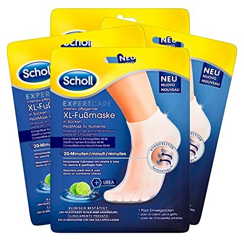 Scholl ExpertCare Pedimask Maschera Piedi XL Nutriente e Idratante con Lime e Urea Clinicamente Provato 4 Confezioni da 1 Paio di Calzini